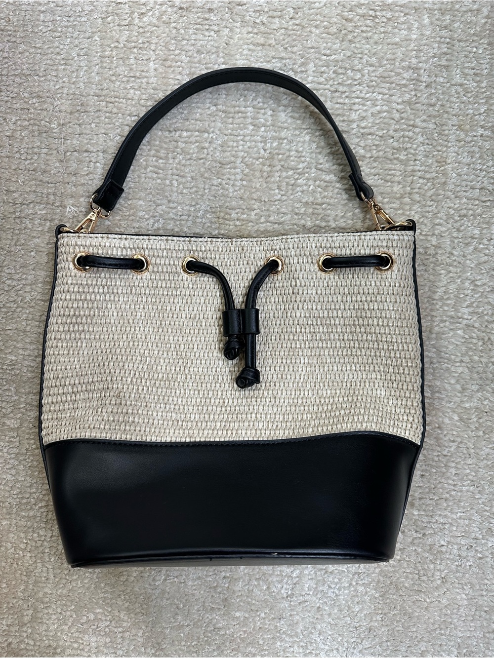 Vici Cream Woven and Black Leatherette Drawstring Shoulder Bag